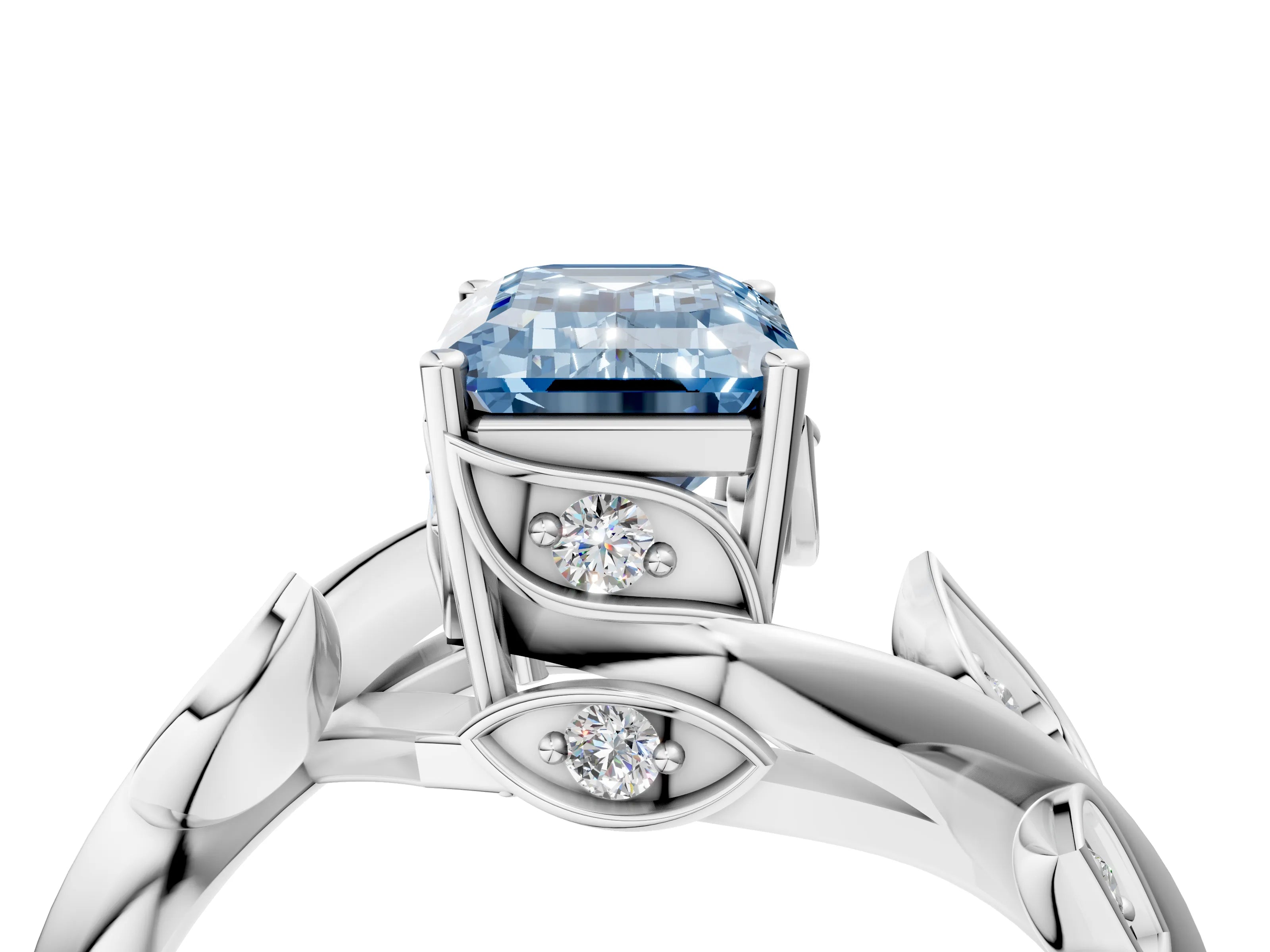 White gold Fancy Blue Emerald Cut Solitaire Twist Engagement Ring with Leaf Accents and Prong Setting_16