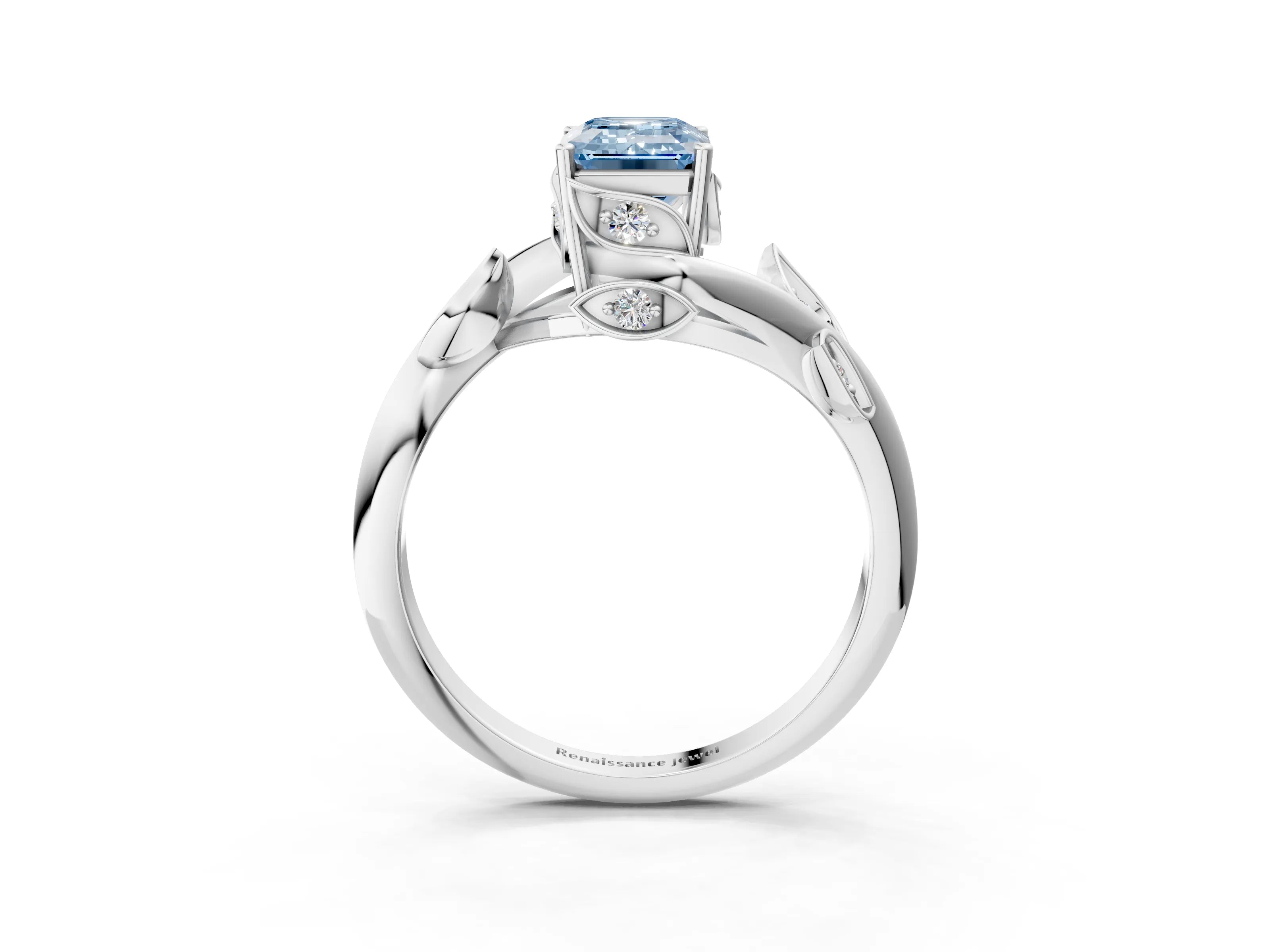 White gold Fancy Blue Emerald Cut Solitaire Twist Engagement Ring with Leaf Accents and Prong Setting_3