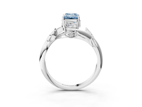 Platinum Fancy Blue Emerald Cut Solitaire Twist Engagement Ring with Leaf Accents and Prong Setting