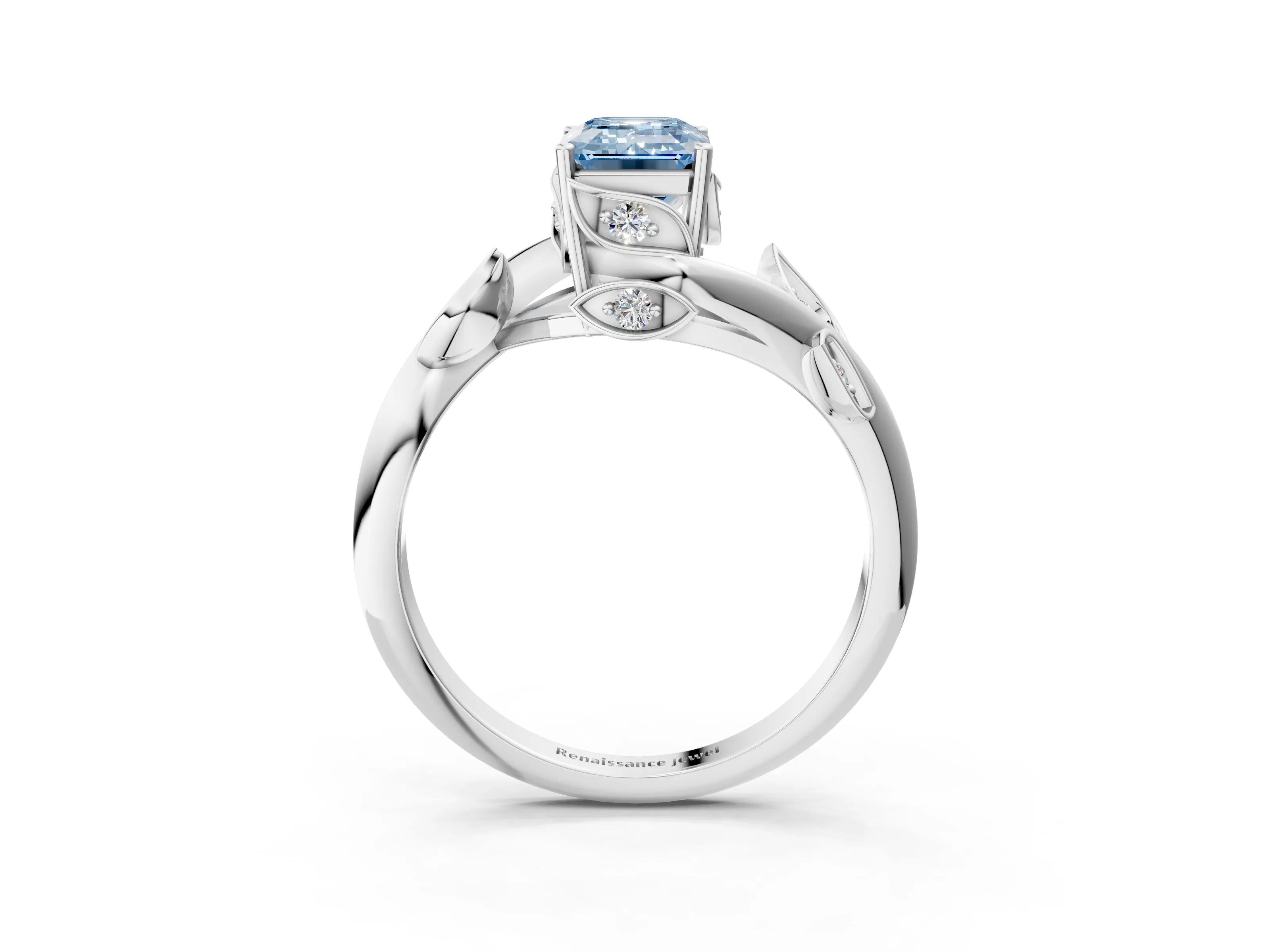 White gold Fancy Blue Emerald Cut Solitaire Twist Engagement Ring with Leaf Accents and Prong Setting_3