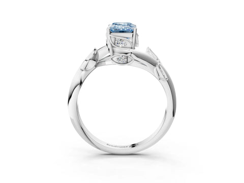 White gold Fancy Blue Emerald Cut Solitaire Twist Engagement Ring with Leaf Accents and Prong Setting_3