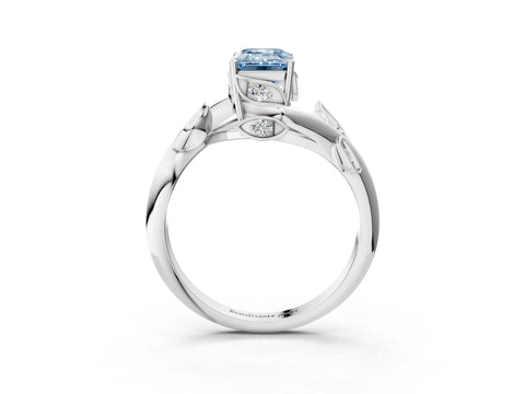 White gold Fancy Blue Emerald Cut Solitaire Twist Engagement Ring with Leaf Accents and Prong Setting_3