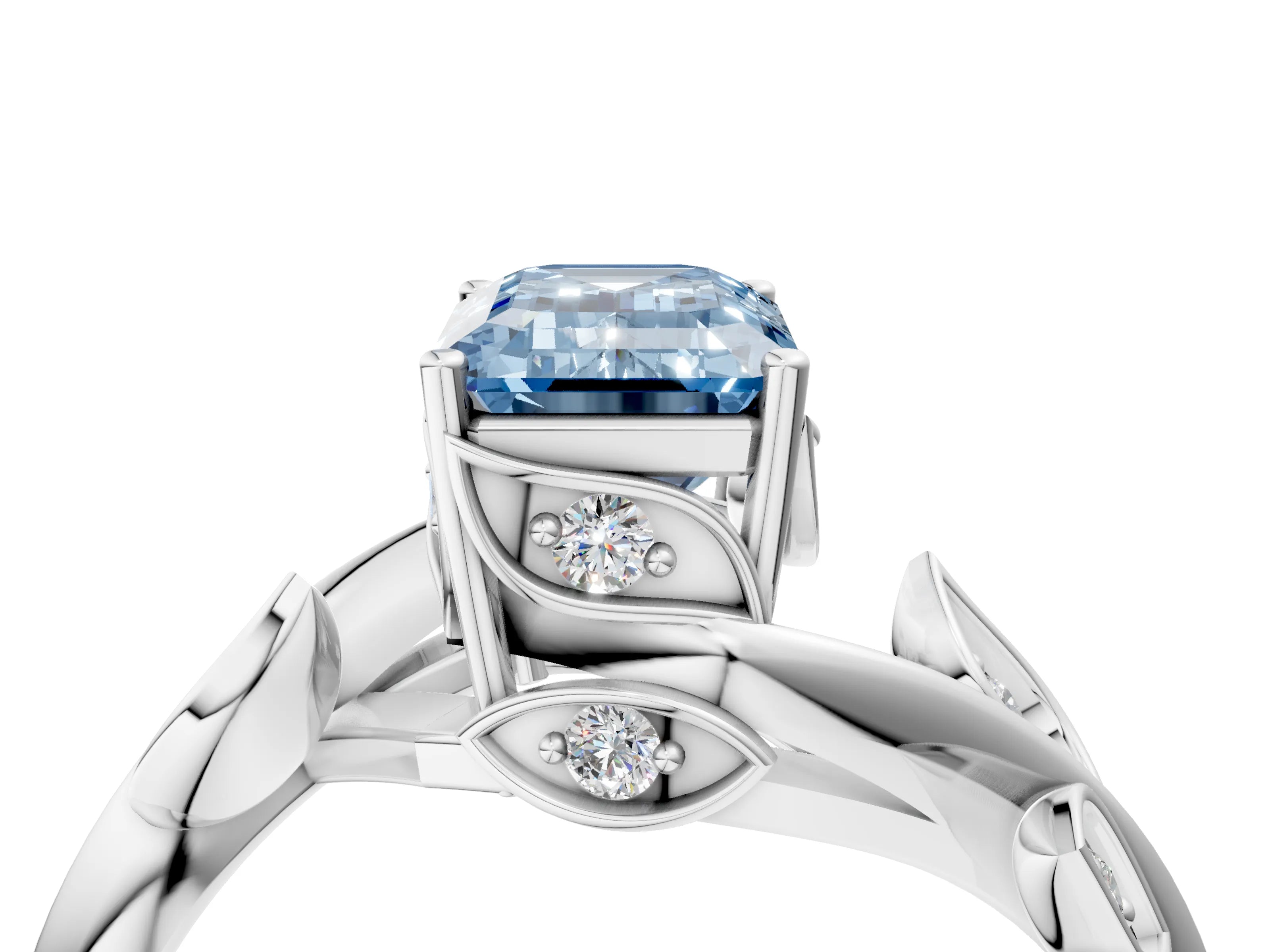White gold Fancy Blue Emerald Cut Solitaire Twist Engagement Ring with Leaf Accents and Prong Setting_4