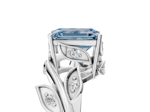 White gold Fancy Blue Emerald Cut Solitaire Twist Engagement Ring with Leaf Accents and Prong Setting_5