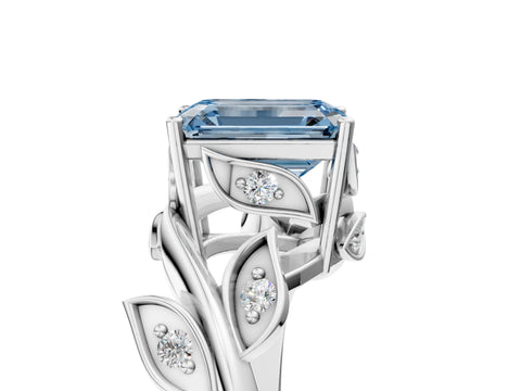 White gold Fancy Blue Emerald Cut Solitaire Twist Engagement Ring with Leaf Accents and Prong Setting_5
