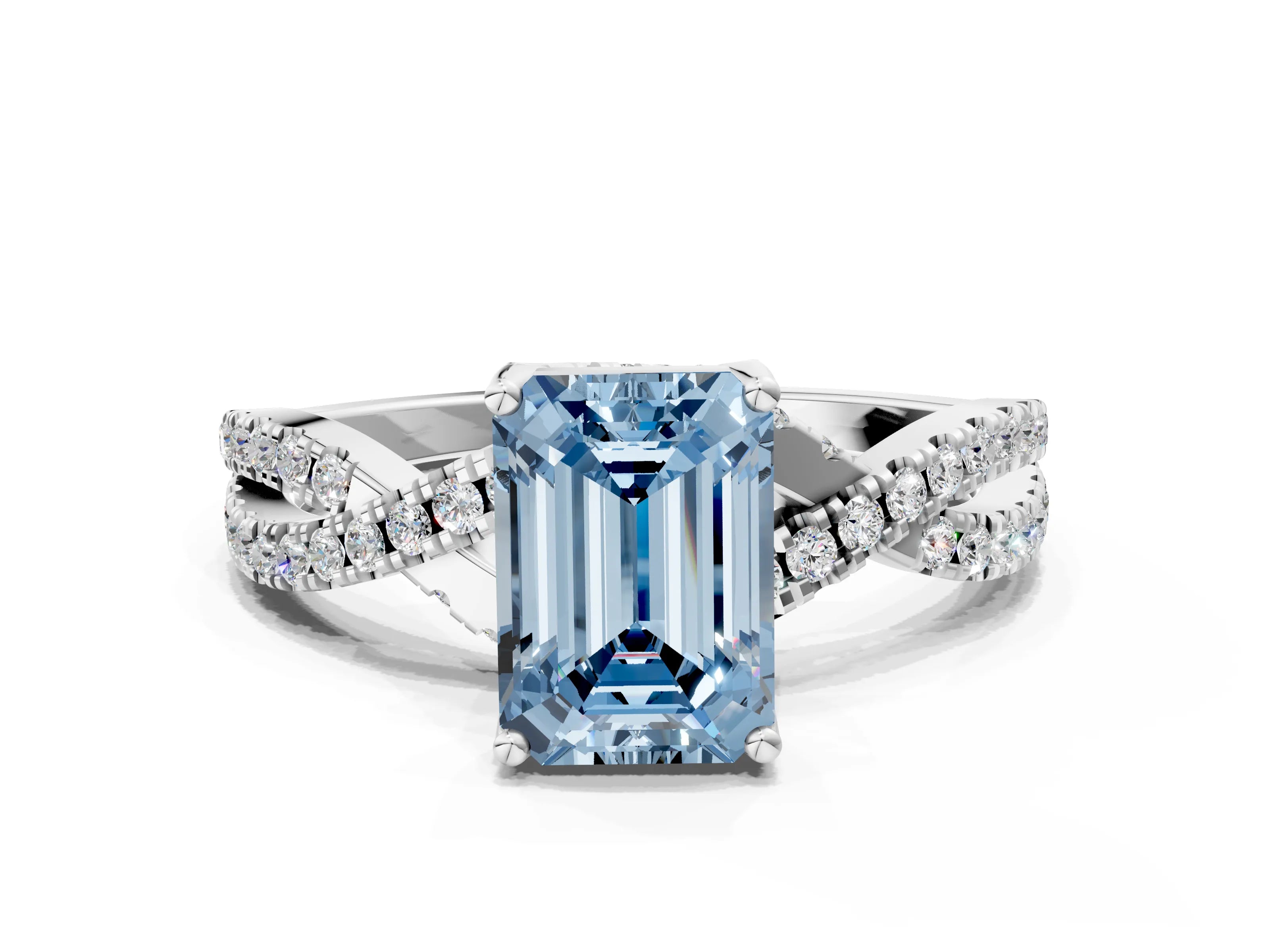 White gold Fancy Blue Emerald Cut Solitaire Twist Pave Diamond Engagement Ring with Prong Setting