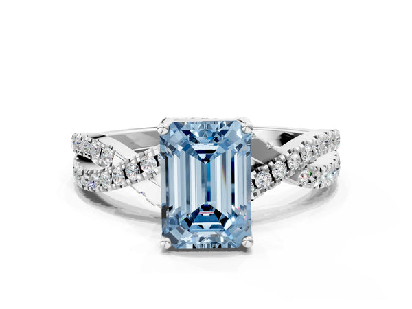 White gold Fancy Blue Emerald Cut Solitaire Twist Pave Diamond Engagement Ring with Prong Setting