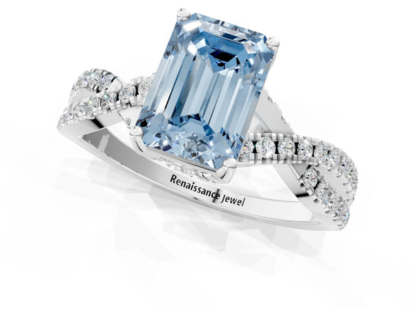 White gold Fancy Blue Emerald Cut Solitaire Twist Pave Diamond Engagement Ring with Prong Setting