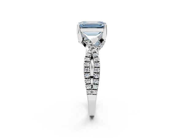 White gold Fancy Blue Emerald Cut Solitaire Twist Pave Diamond Engagement Ring with Prong Setting