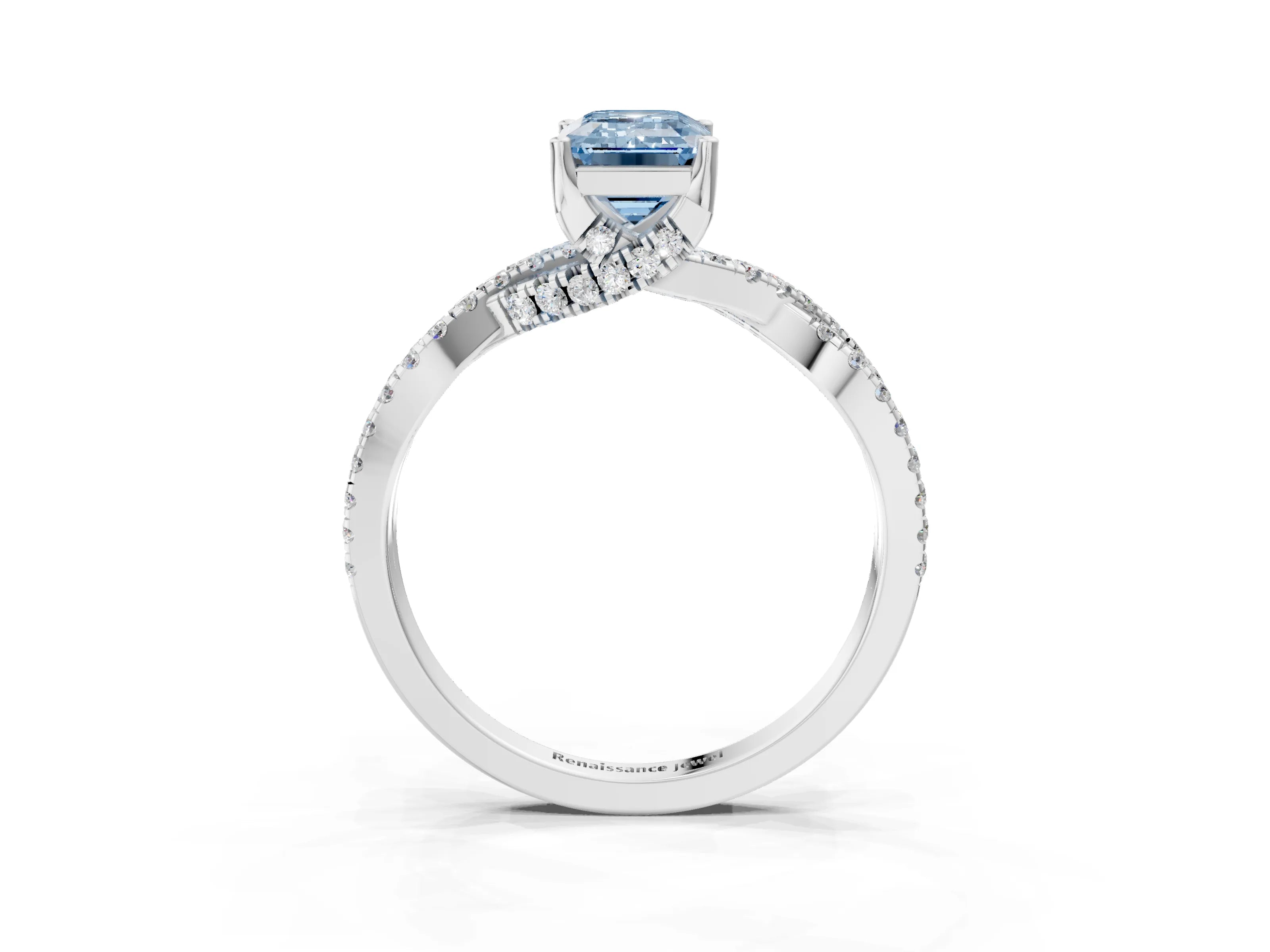White gold Fancy Blue Emerald Cut Solitaire Twist Pave Diamond Engagement Ring with Prong Setting_15