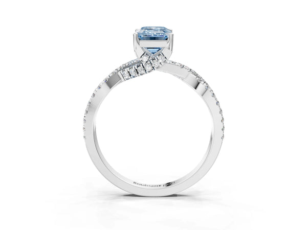 White gold Fancy Blue Emerald Cut Solitaire Twist Pave Diamond Engagement Ring with Prong Setting