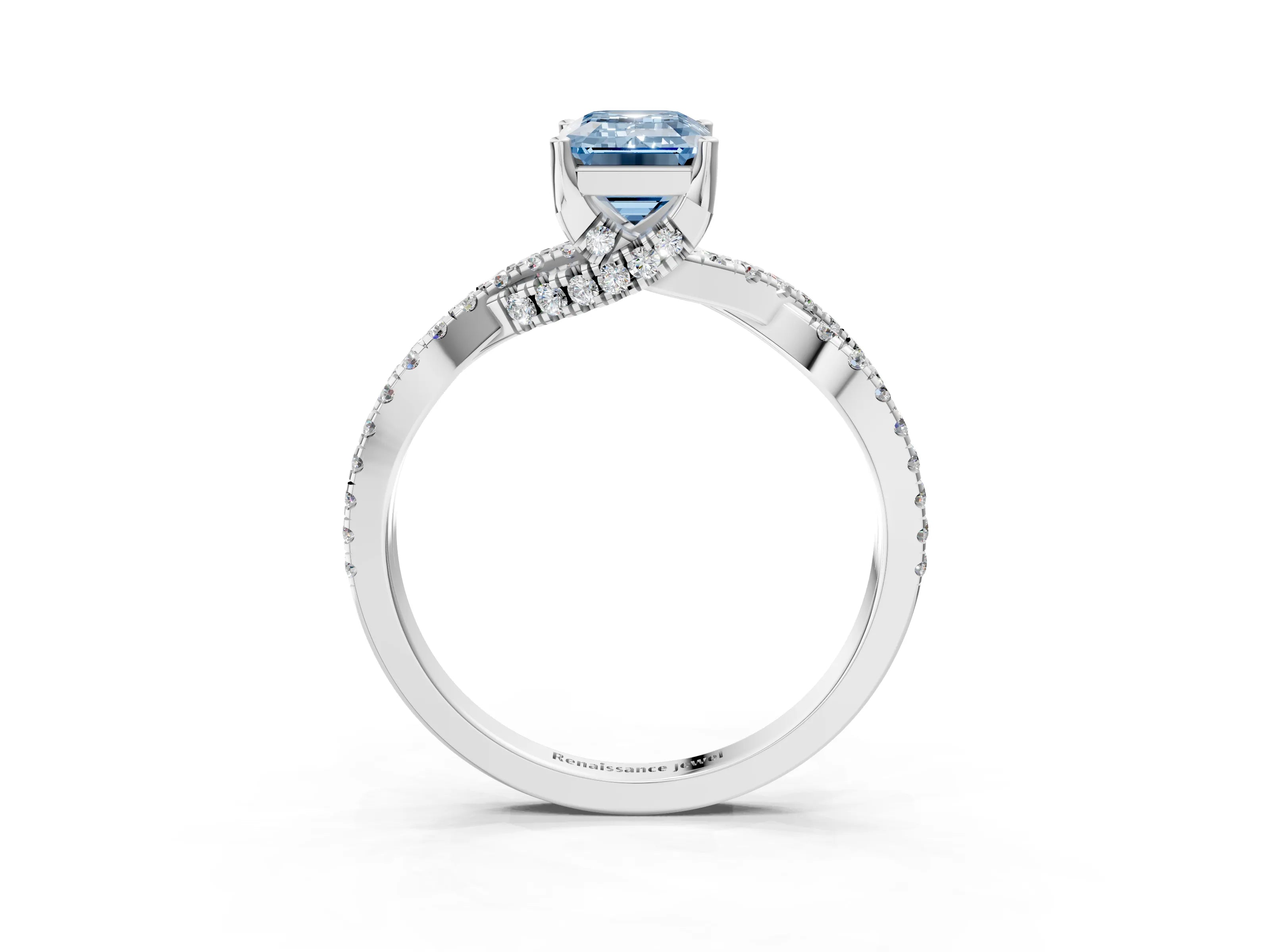 White gold Fancy Blue Emerald Cut Solitaire Twist Pave Diamond Engagement Ring with Prong Setting_27