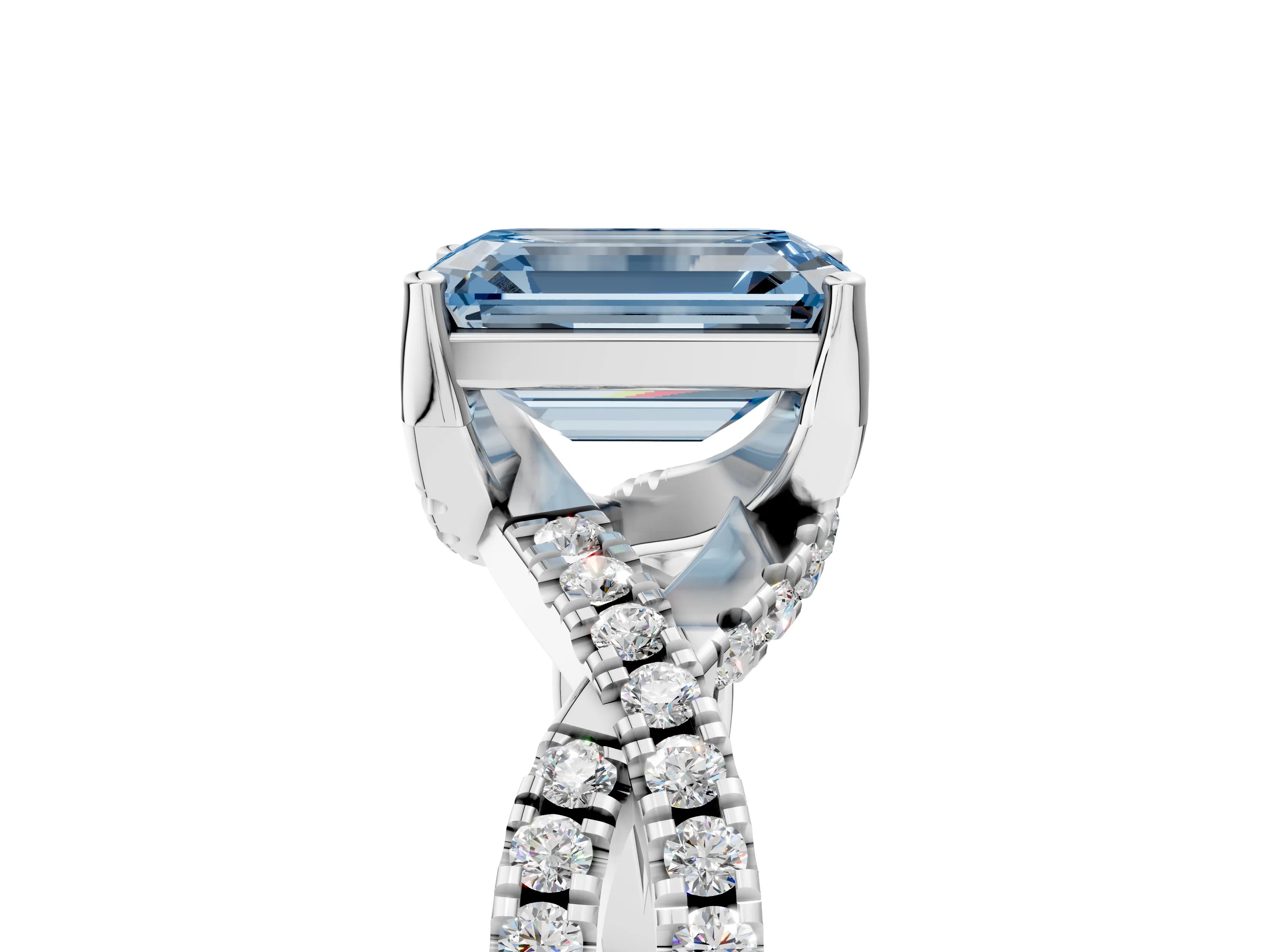 White gold Fancy Blue Emerald Cut Solitaire Twist Pave Diamond Engagement Ring with Prong Setting_29