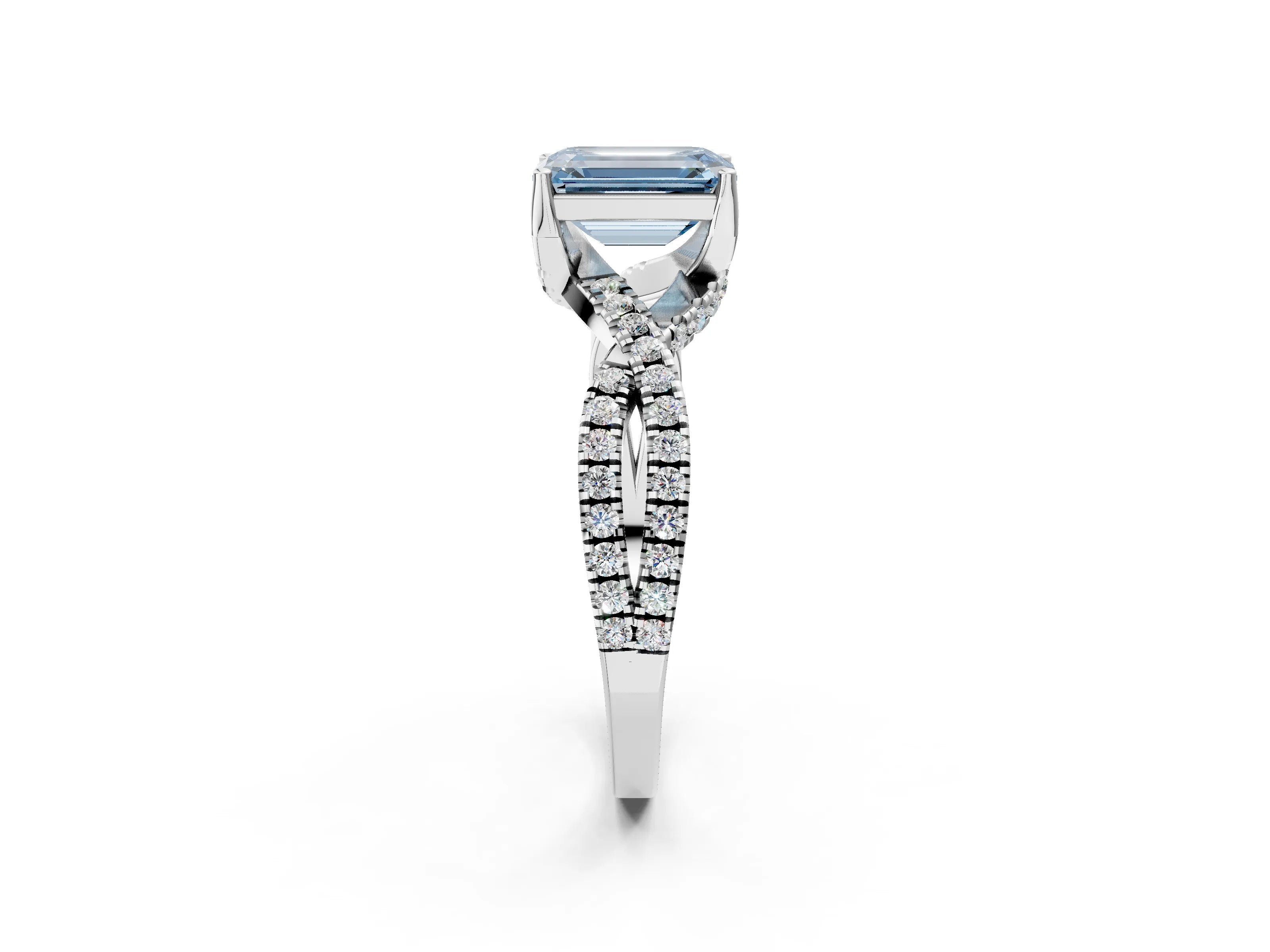 White gold Fancy Blue Emerald Cut Solitaire Twist Pave Diamond Engagement Ring with Prong Setting_2