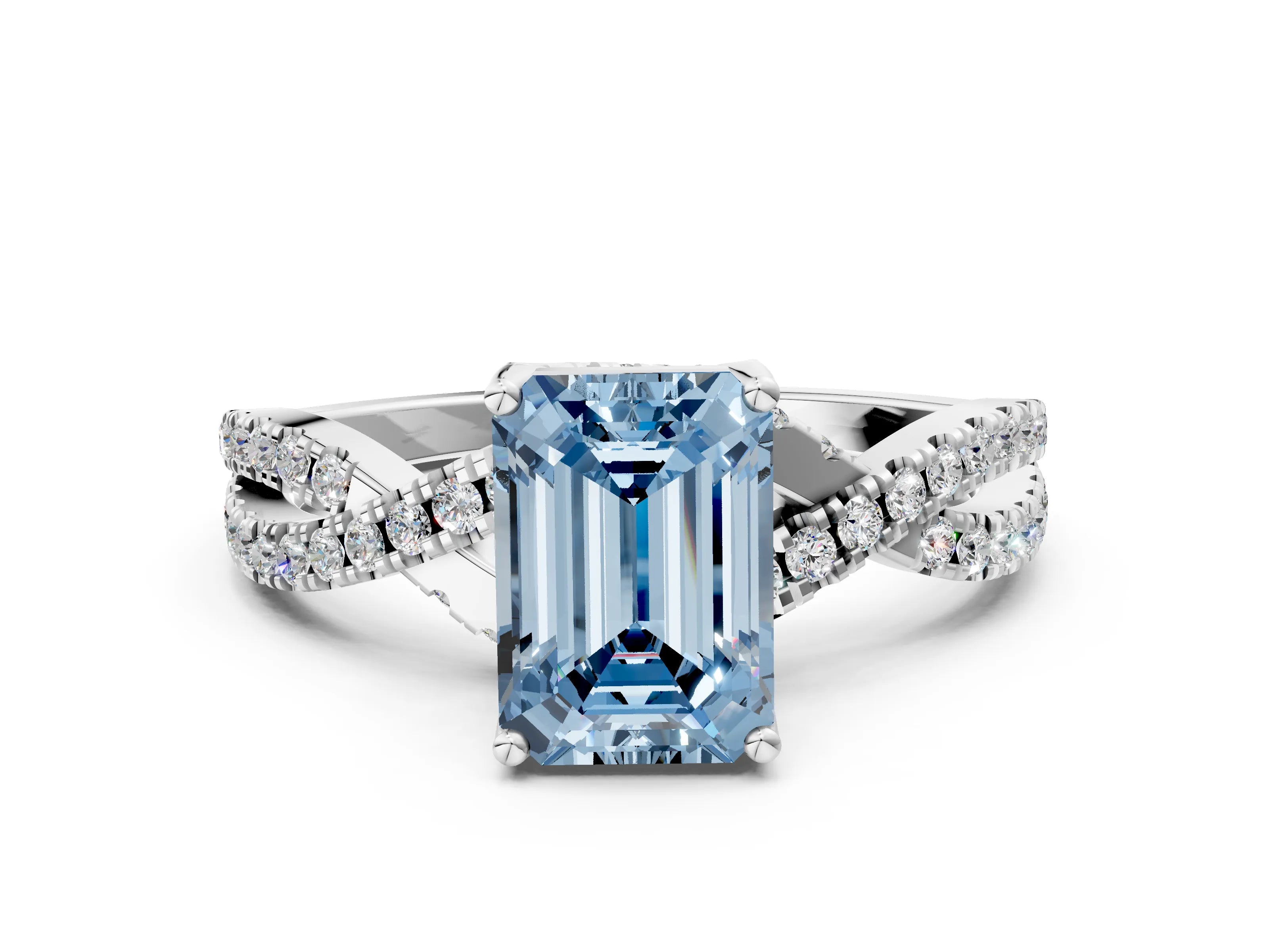 White gold Fancy Blue Emerald Cut Solitaire Twist Pave Diamond Engagement Ring with Prong Setting