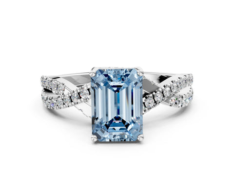White gold Fancy Blue Emerald Cut Solitaire Twist Pave Diamond Engagement Ring with Prong Setting