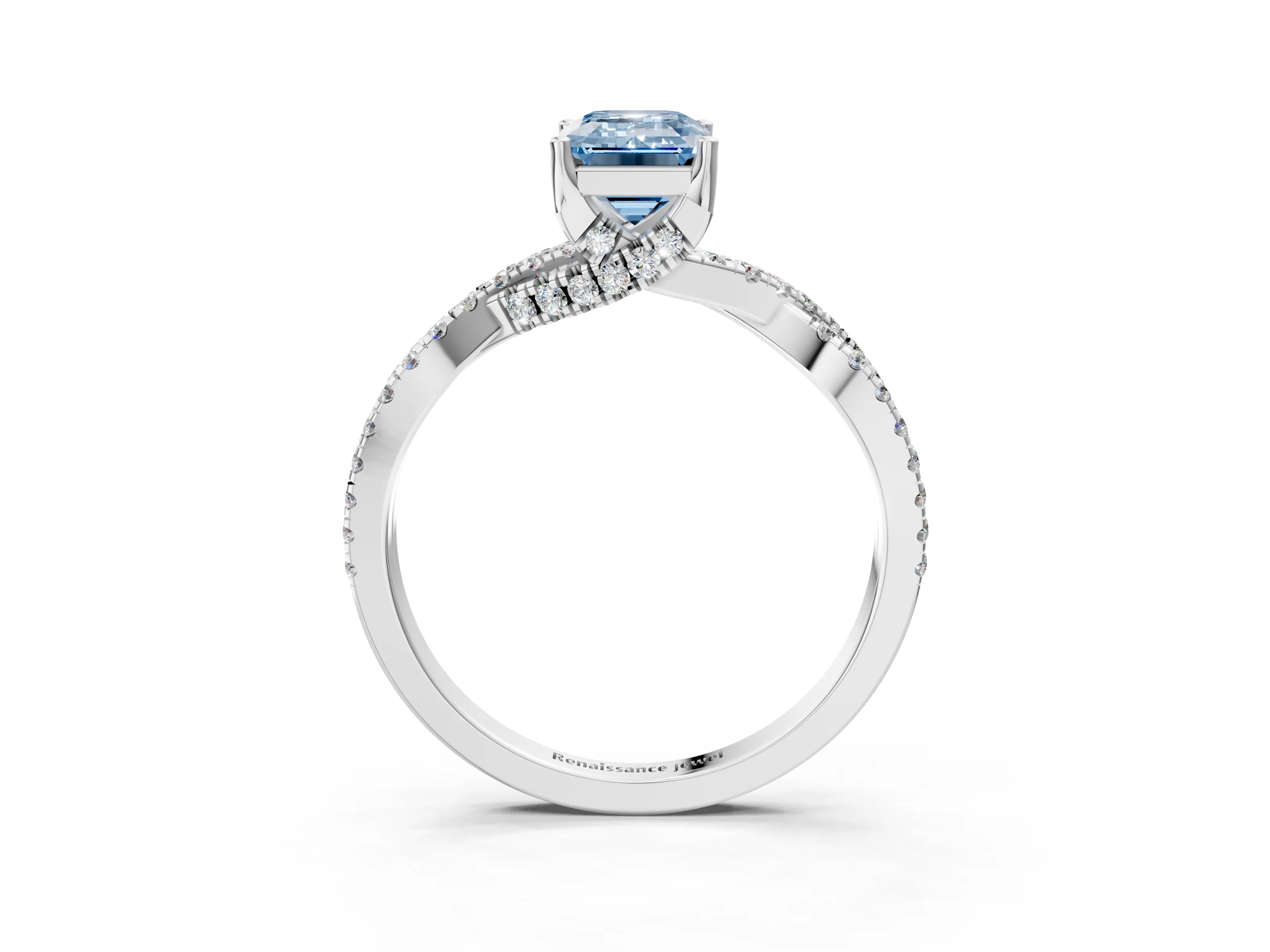 White gold Fancy Blue Emerald Cut Solitaire Twist Pave Diamond Engagement Ring with Prong Setting_3