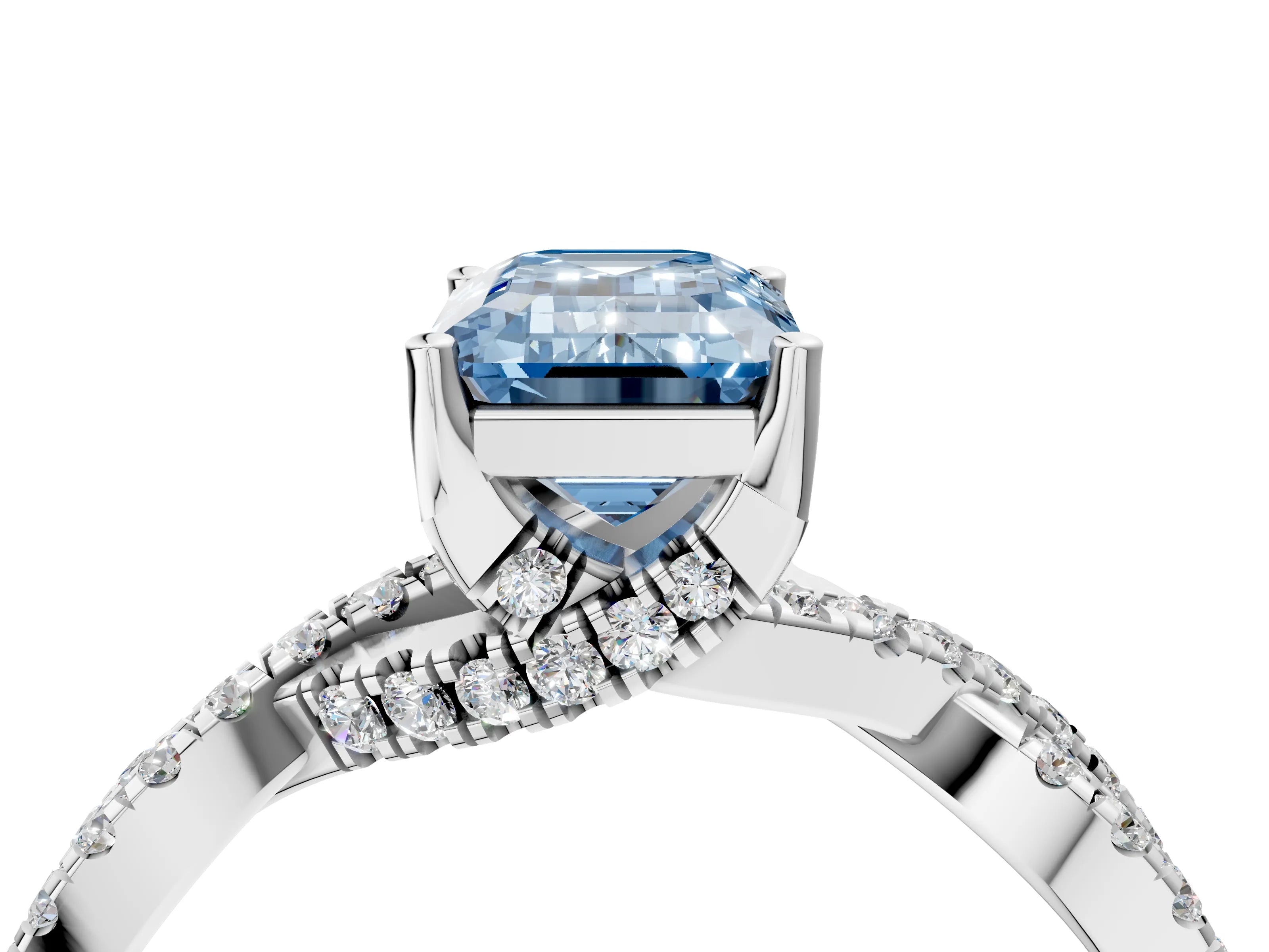 White gold Fancy Blue Emerald Cut Solitaire Twist Pave Diamond Engagement Ring with Prong Setting_4