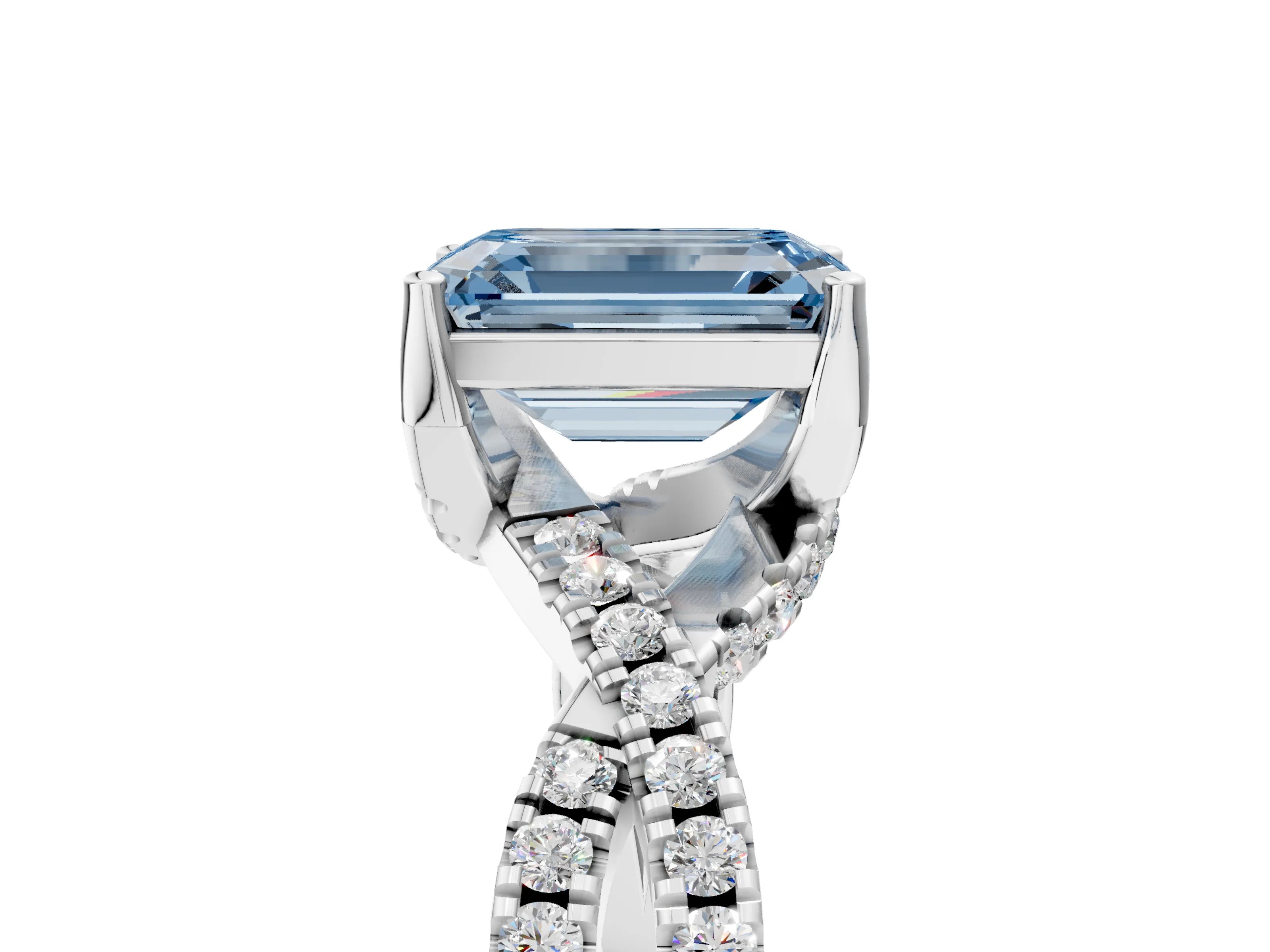 White gold Fancy Blue Emerald Cut Solitaire Twist Pave Diamond Engagement Ring with Prong Setting_5