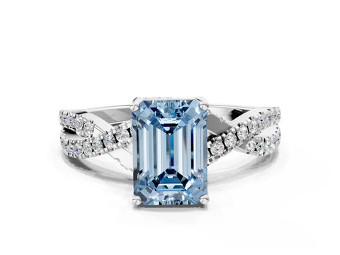 White gold Fancy Blue Emerald Cut Solitaire Twist Pave Diamond Engagement Ring with Prong Setting