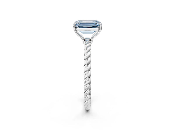 Platinum Fancy Blue Emerald Cut Solitaire Twisted Band 4-Prong Ring