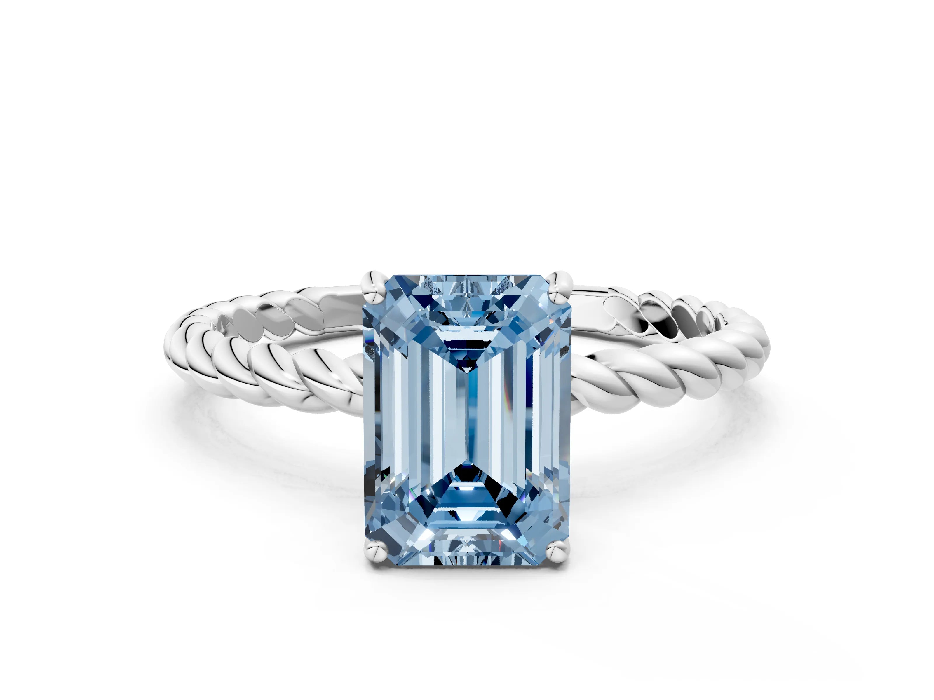 White gold Fancy Blue Emerald Cut Solitaire Twisted Band 4-Prong Ring_24