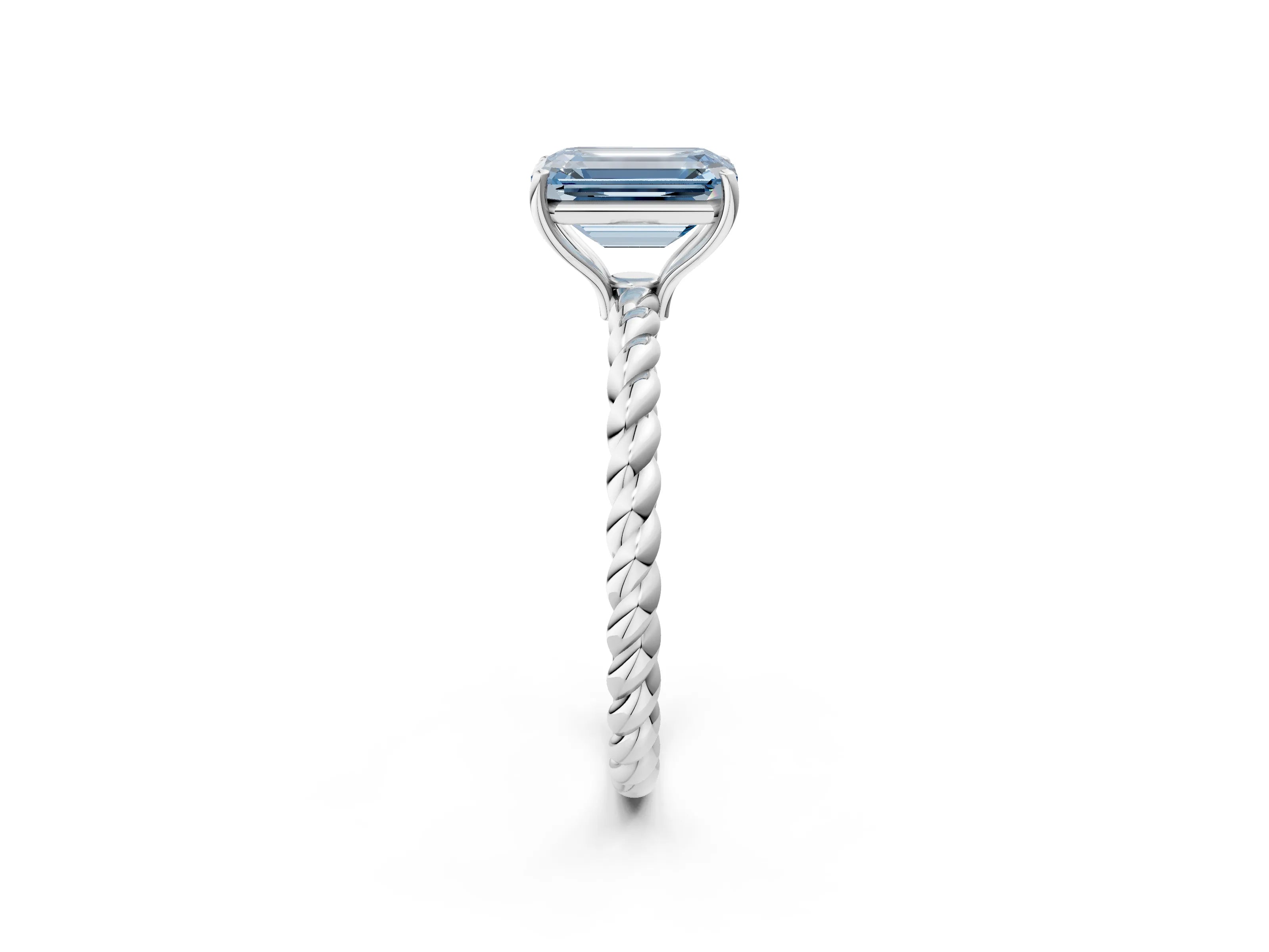 White gold Fancy Blue Emerald Cut Solitaire Twisted Band 4-Prong Ring_26
