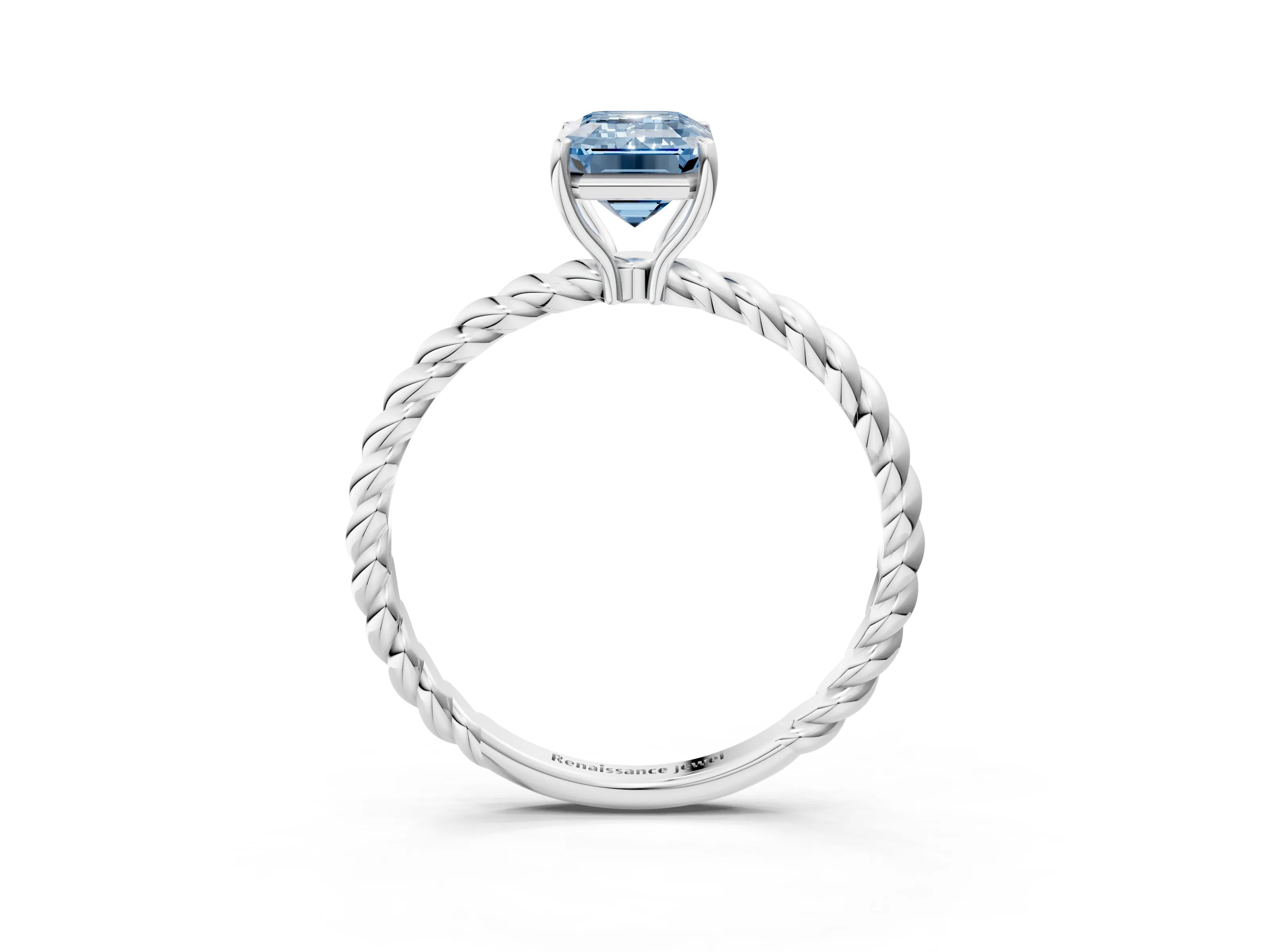 White gold Fancy Blue Emerald Cut Solitaire Twisted Band 4-Prong Ring_27