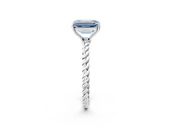 Platinum Fancy Blue Emerald Cut Solitaire Twisted Band 4-Prong Ring
