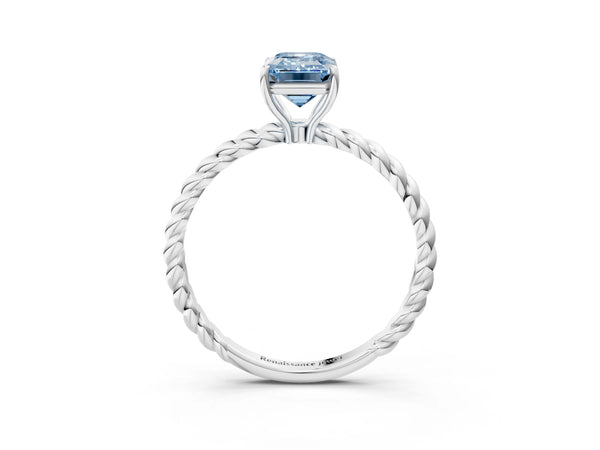 Platinum Fancy Blue Emerald Cut Solitaire Twisted Band 4-Prong Ring