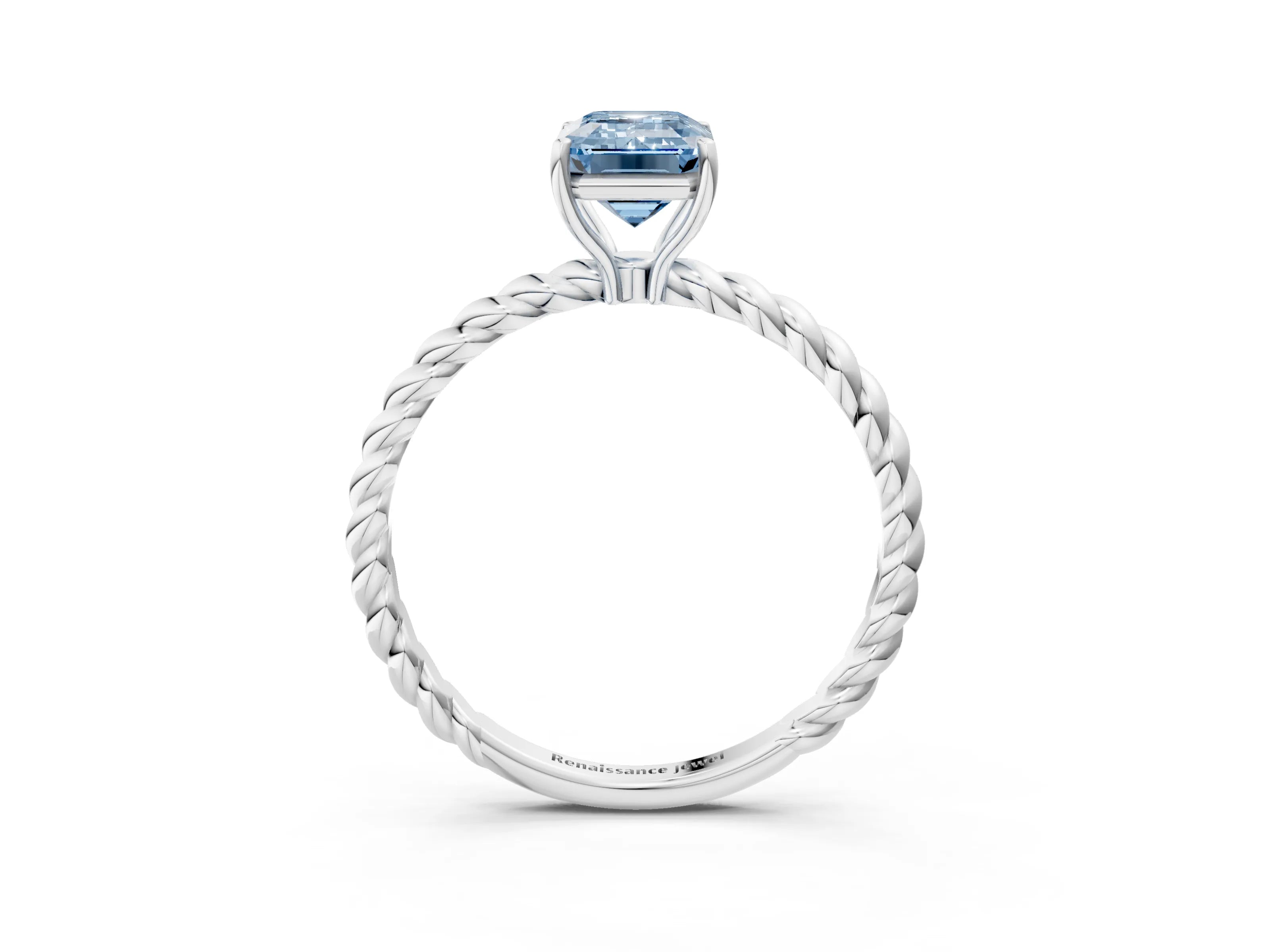 White gold Fancy Blue Emerald Cut Solitaire Twisted Band 4-Prong Ring_33