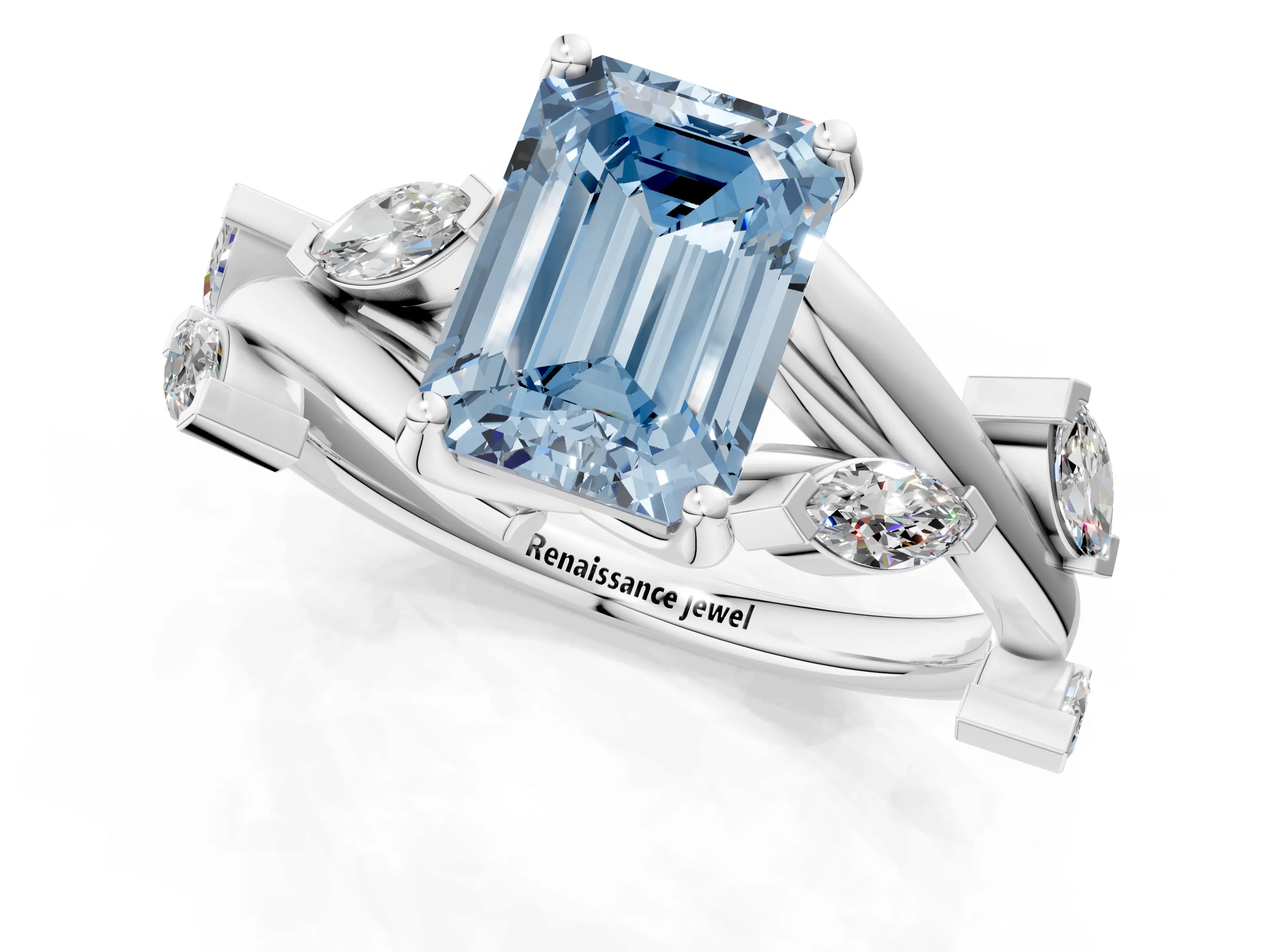 White gold Fancy Blue Emerald Cut Solitaire Twisted Band Marquise Accent Prong Setting Ring_1