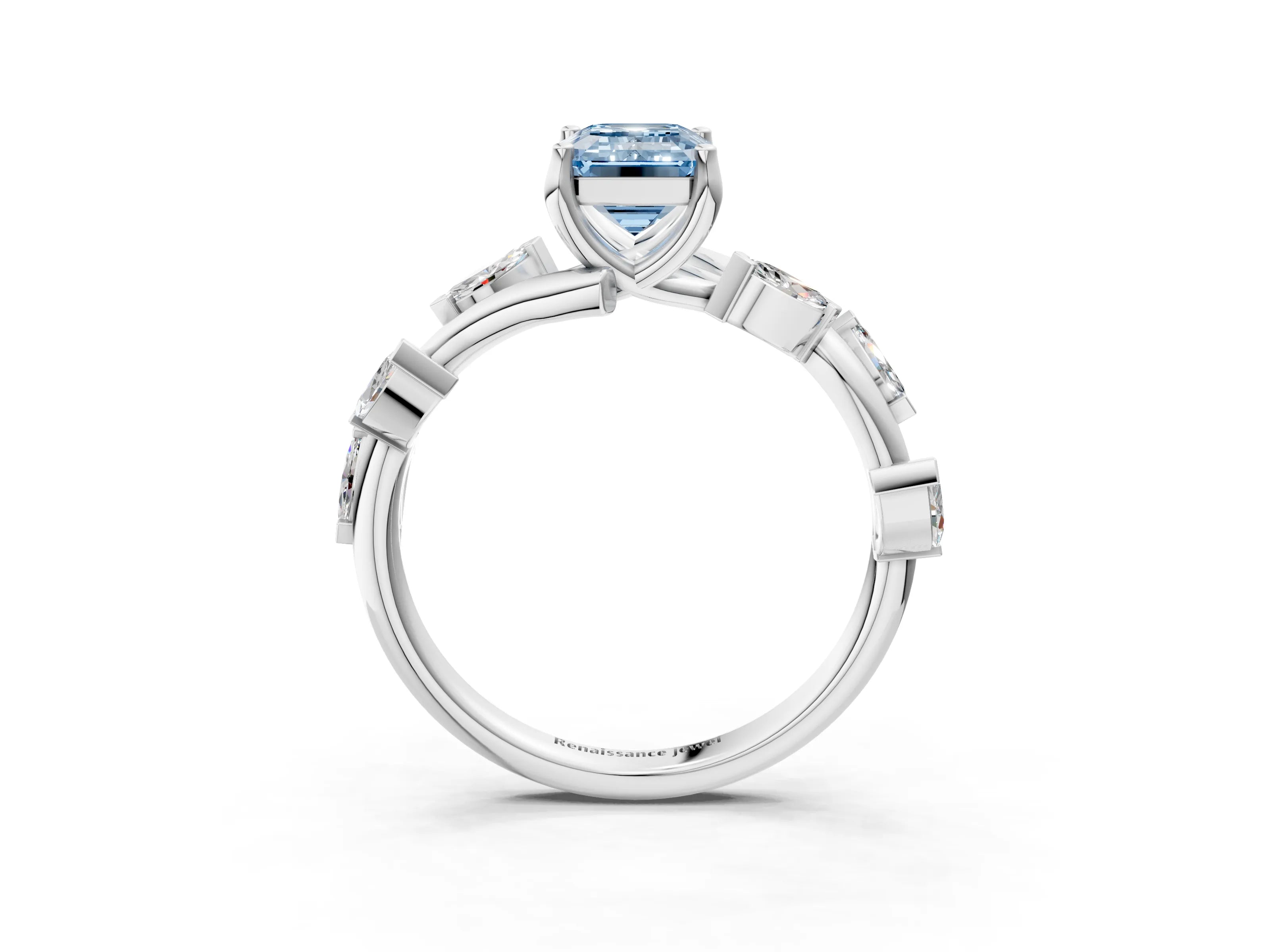 White gold Fancy Blue Emerald Cut Solitaire Twisted Band Marquise Accent Prong Setting Ring_3