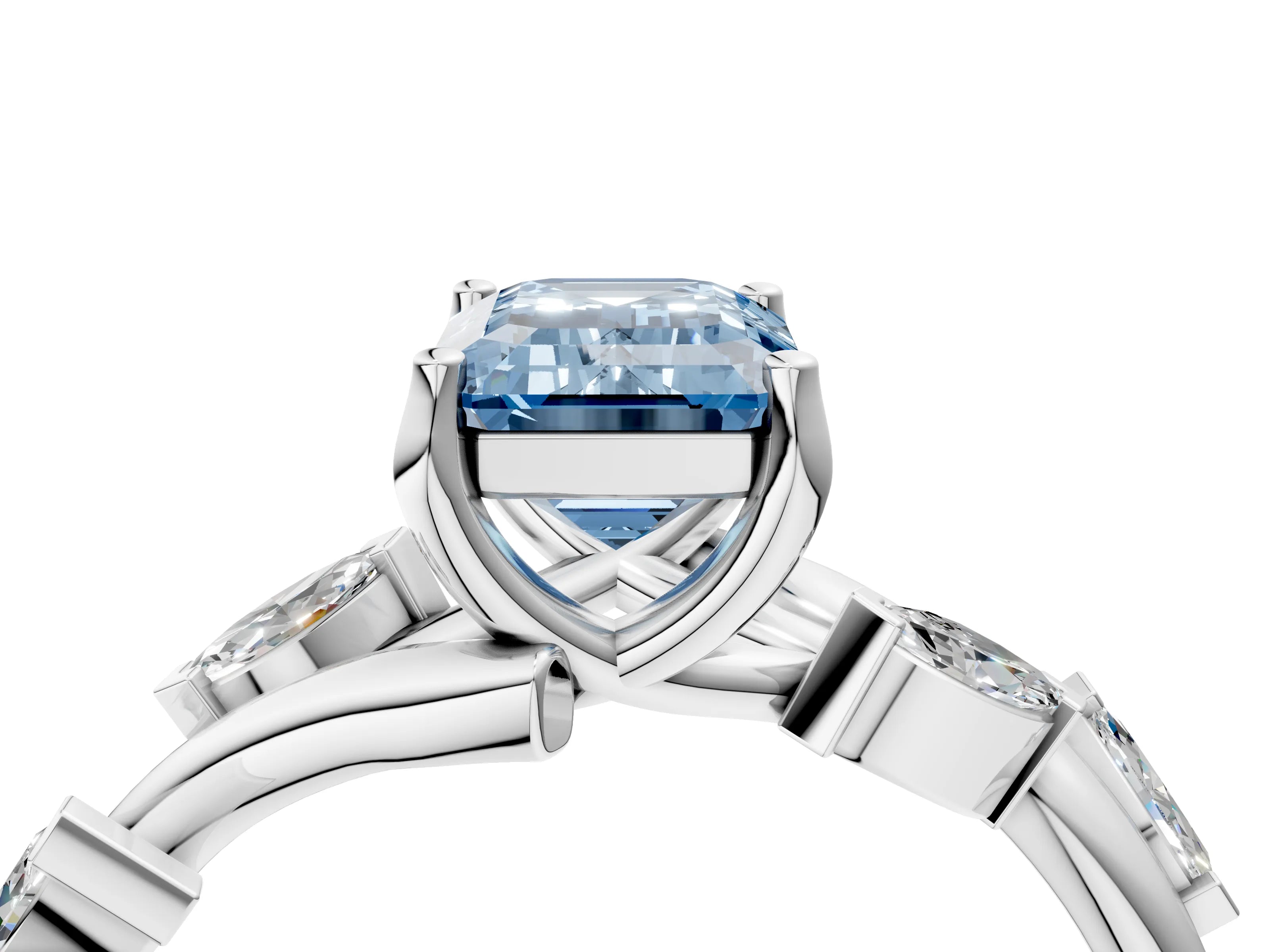 White gold Fancy Blue Emerald Cut Solitaire Twisted Band Marquise Accent Prong Setting Ring_4