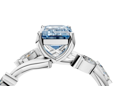 White gold Fancy Blue Emerald Cut Solitaire Twisted Band Marquise Accent Prong Setting Ring_4