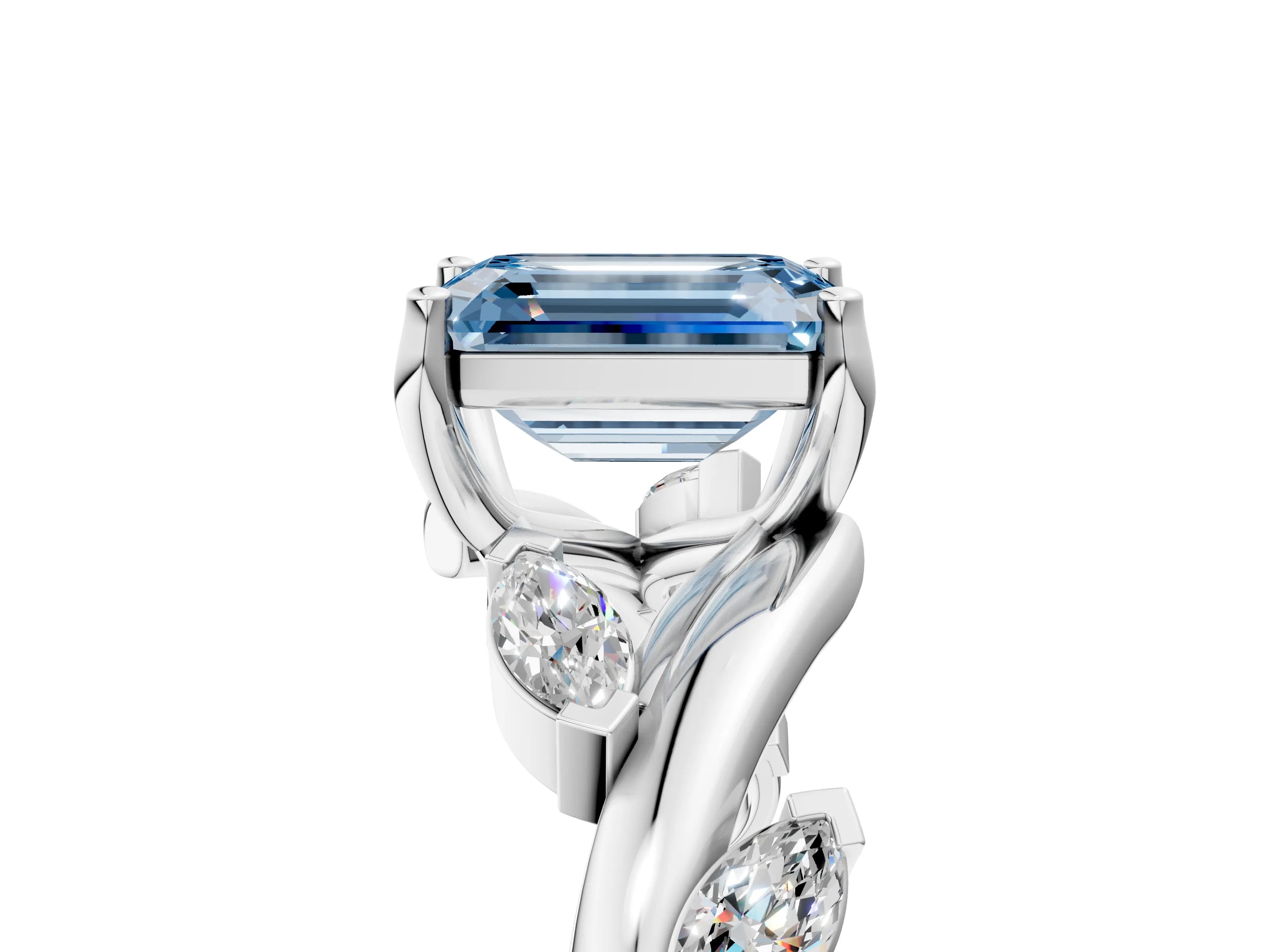 White gold Fancy Blue Emerald Cut Solitaire Twisted Band Marquise Accent Prong Setting Ring_5