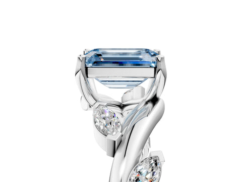 White gold Fancy Blue Emerald Cut Solitaire Twisted Band Marquise Accent Prong Setting Ring_5