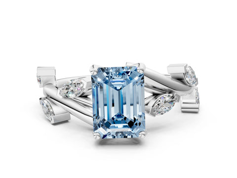 White gold Fancy Blue Emerald Cut Solitaire Twisted Band Marquise Accent Prong Setting Ring