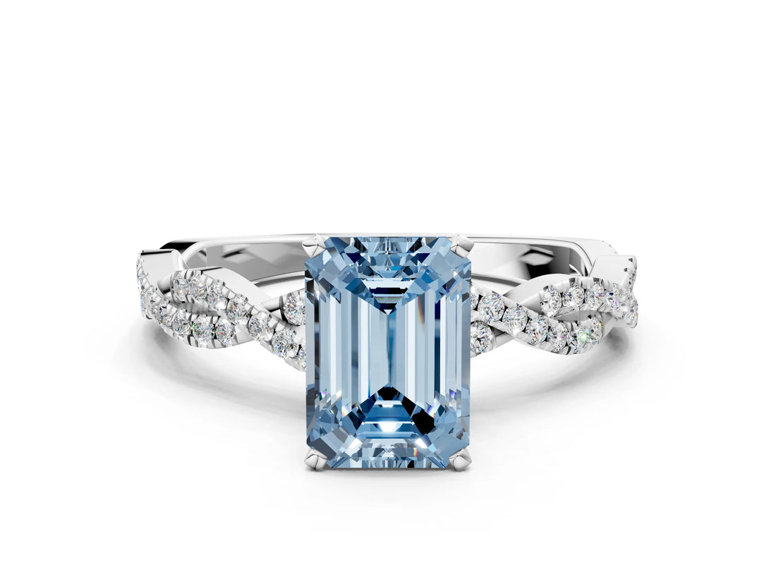 White gold Fancy Blue Emerald Cut Solitaire Twisted Pave Band with Four-Prong Setting_15