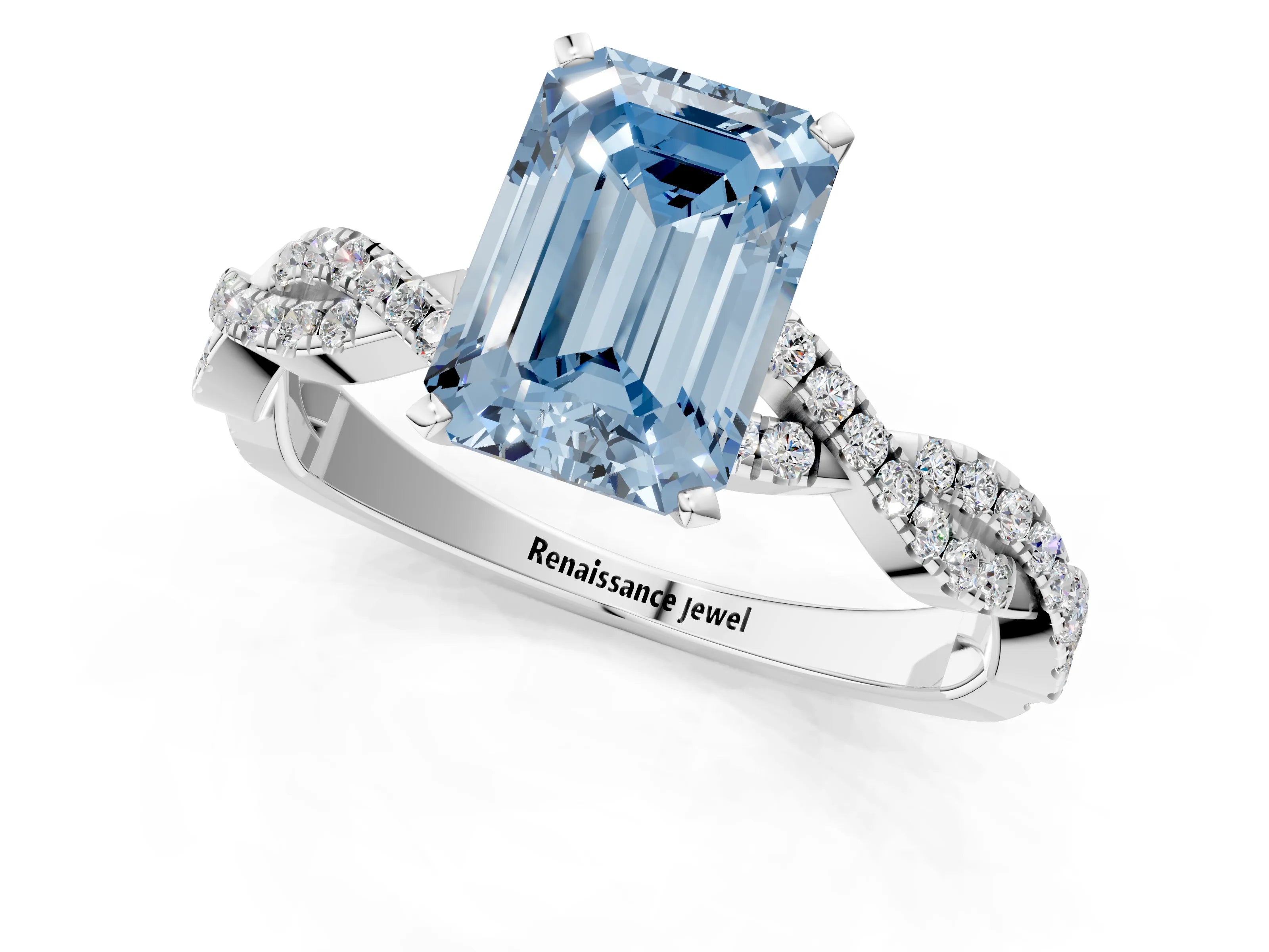 White gold Fancy Blue Emerald Cut Solitaire Twisted Pave Band with Four-Prong Setting_16