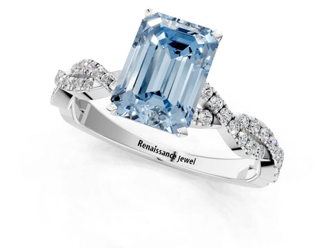 White gold Fancy Blue Emerald Cut Solitaire Twisted Pave Band with Four-Prong Setting_16