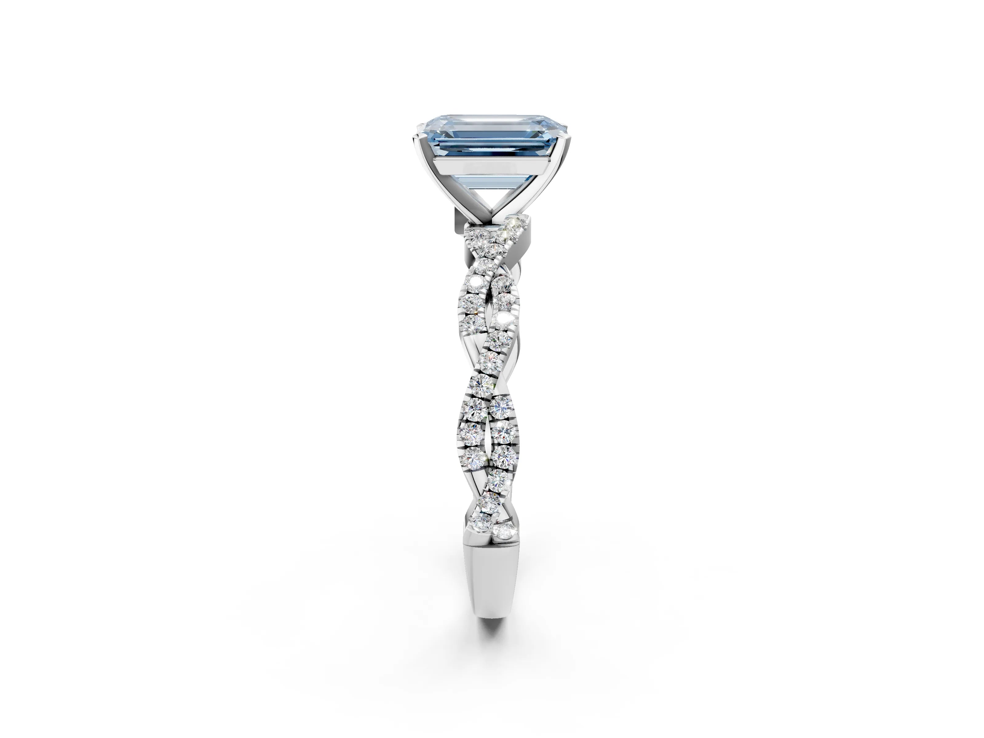 White gold Fancy Blue Emerald Cut Solitaire Twisted Pave Band with Four-Prong Setting_17