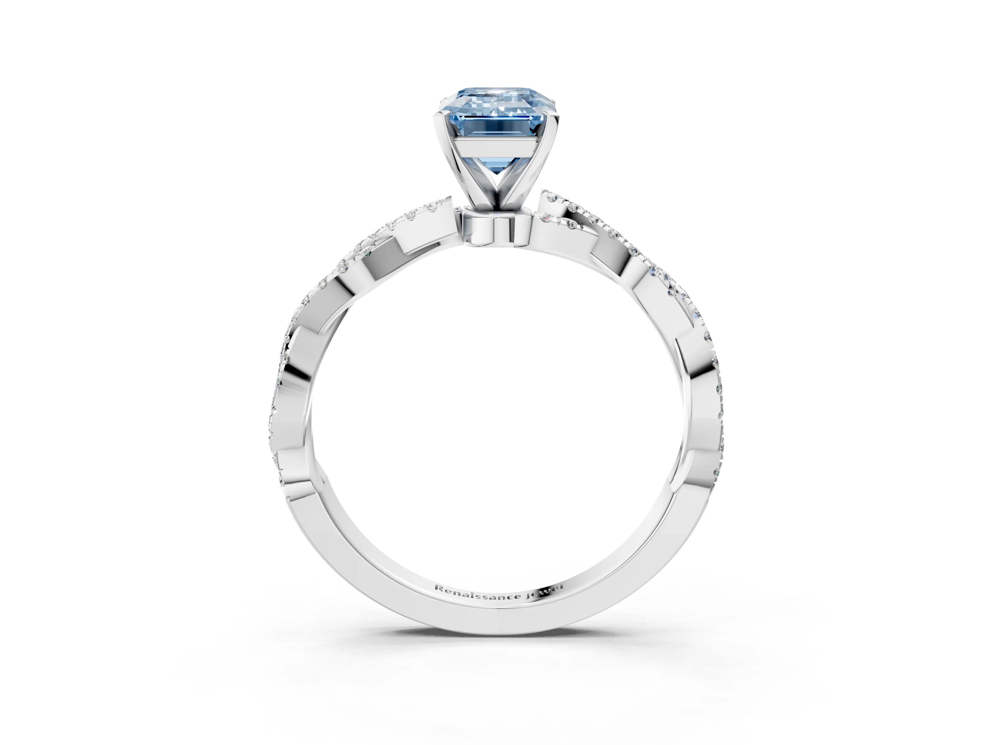 White gold Fancy Blue Emerald Cut Solitaire Twisted Pave Band with Four-Prong Setting_18