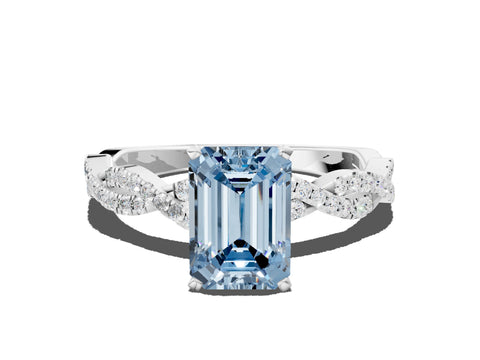 White gold Fancy Blue Emerald Cut Solitaire Twisted Pave Band with Four-Prong Setting_3