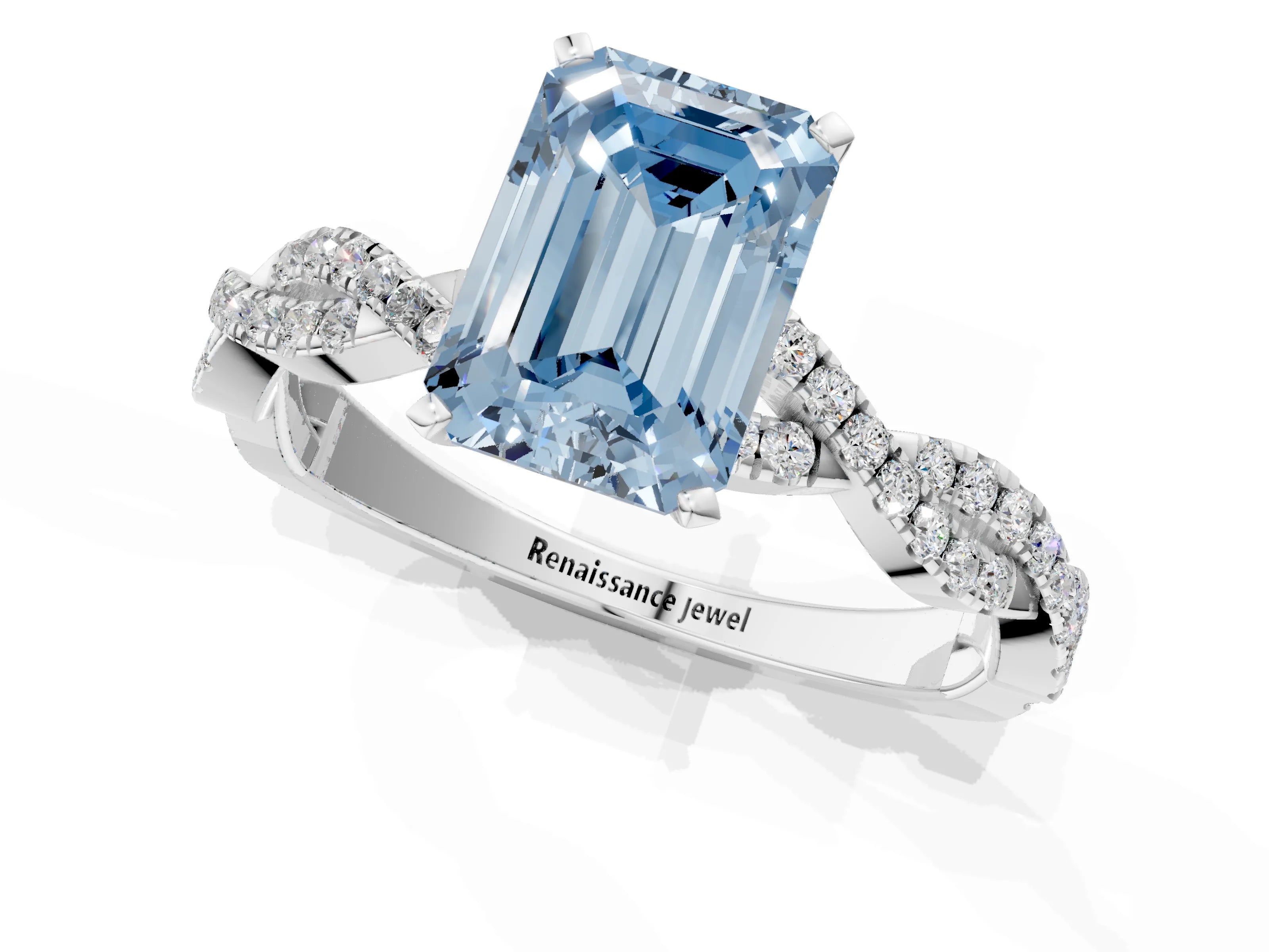 White gold Fancy Blue Emerald Cut Solitaire Twisted Pave Band with Four-Prong Setting_4
