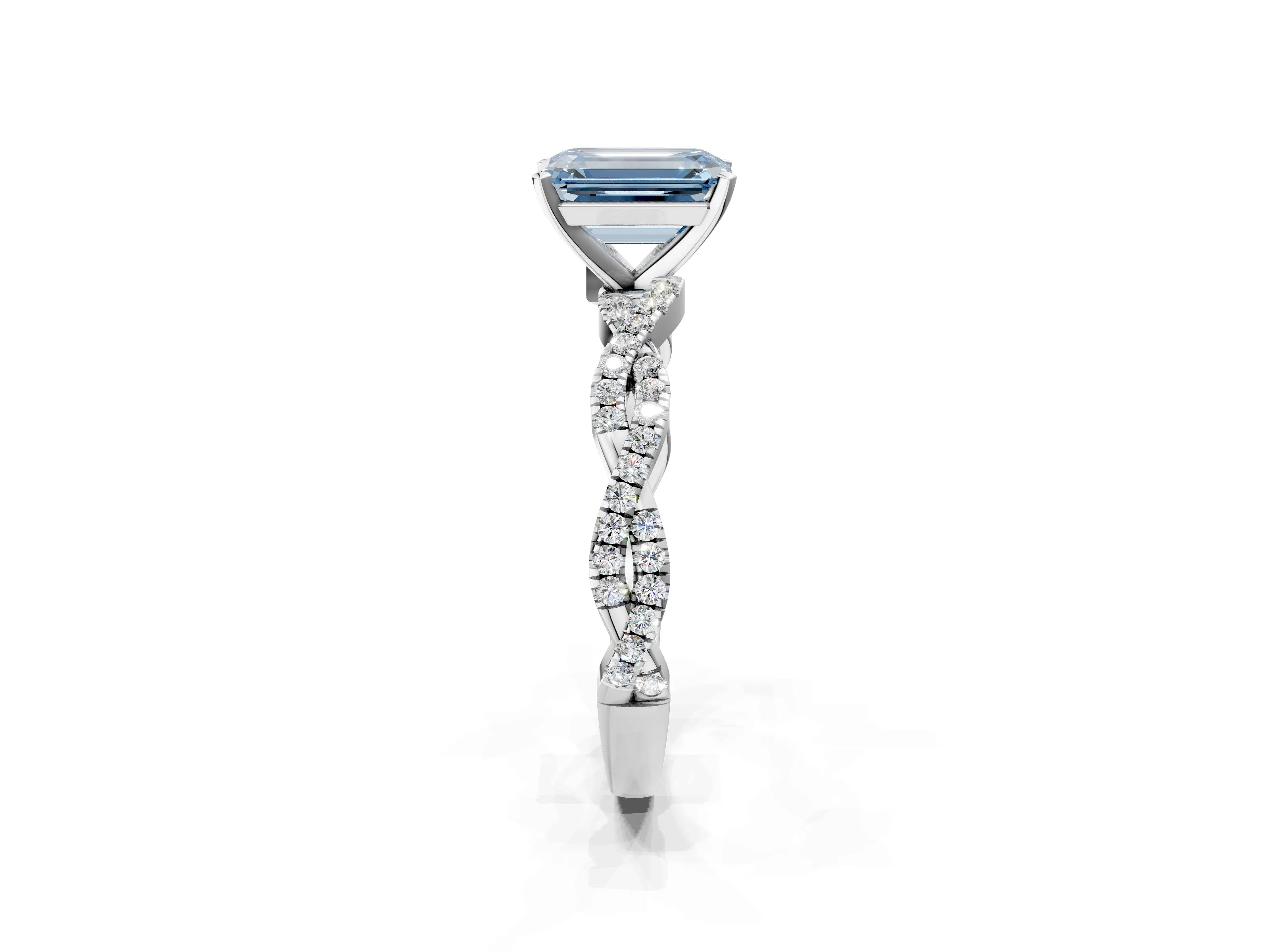 White gold Fancy Blue Emerald Cut Solitaire Twisted Pave Band with Four-Prong Setting_5