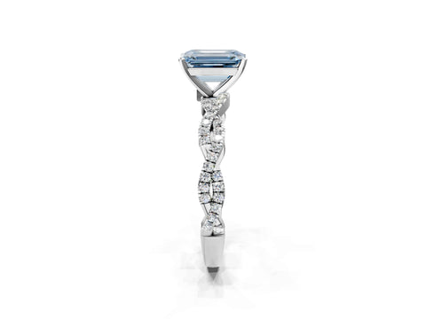 White gold Fancy Blue Emerald Cut Solitaire Twisted Pave Band with Four-Prong Setting_5