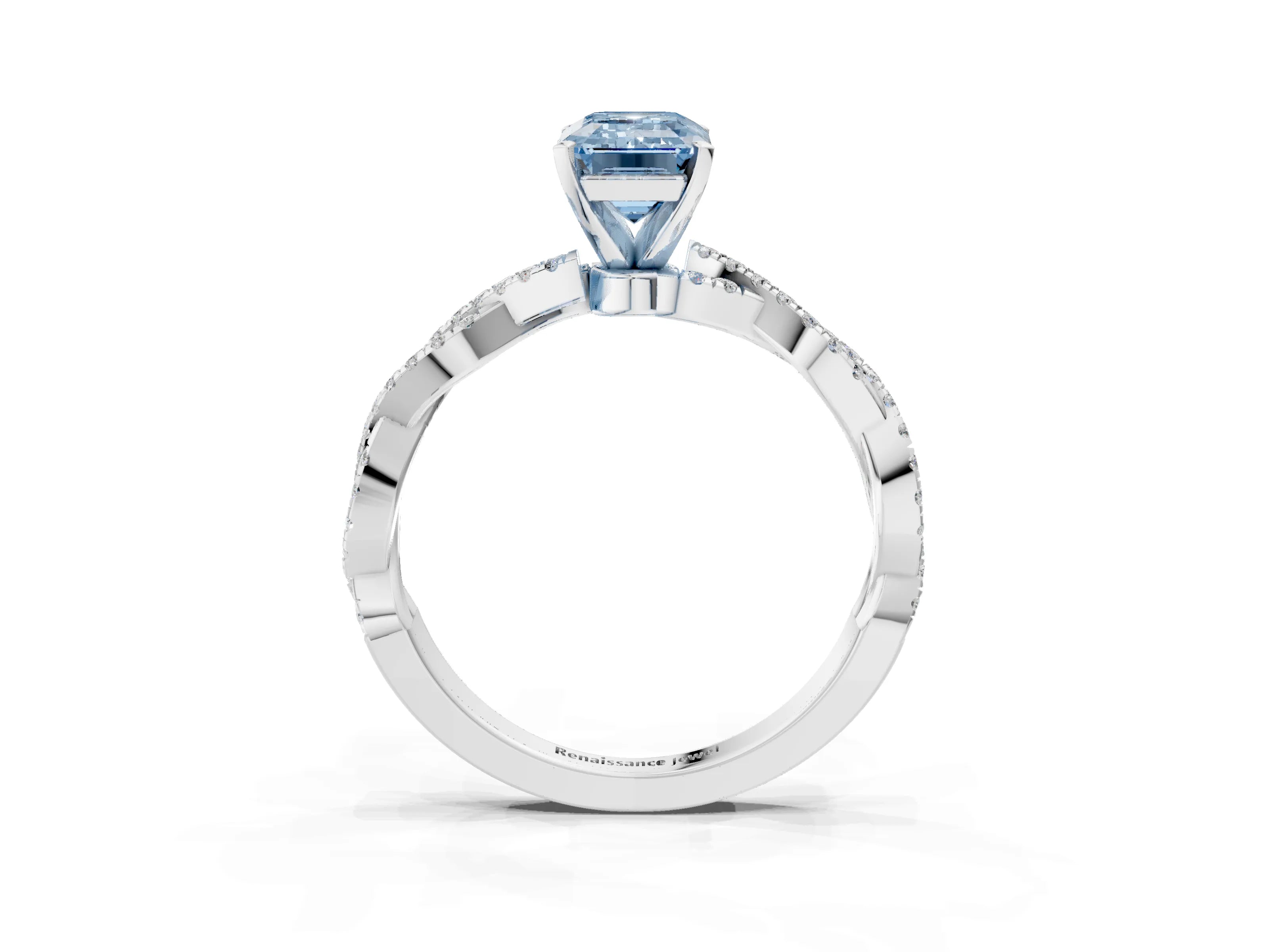 White gold Fancy Blue Emerald Cut Solitaire Twisted Pave Band with Four-Prong Setting_6