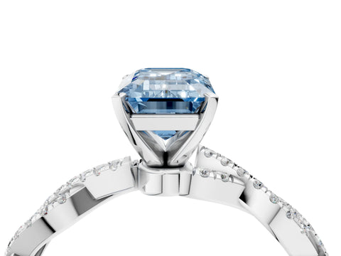 White gold Fancy Blue Emerald Cut Solitaire Twisted Pave Band with Four-Prong Setting_7