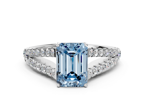 White gold Fancy Blue Emerald  Cut Split Shank Pave Diamond Engagement Ring with Four-Prong Setting